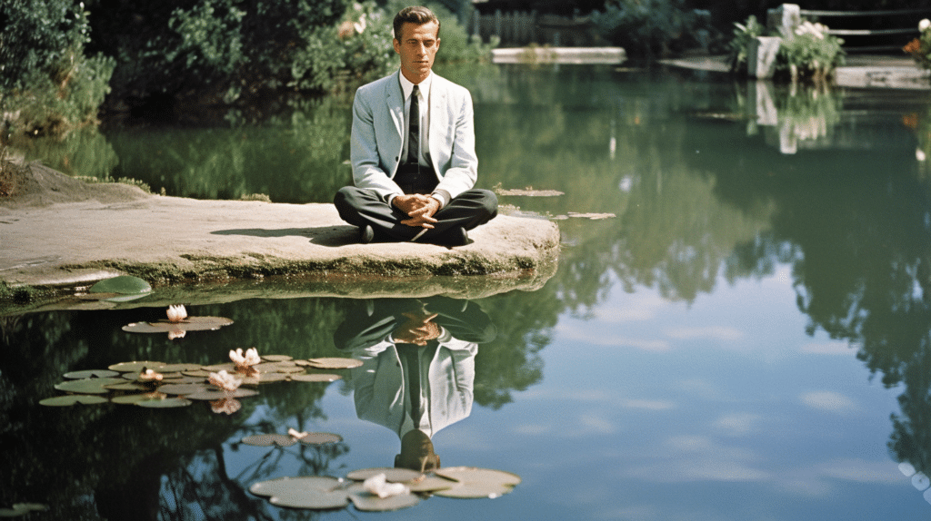 person meditating by a pond