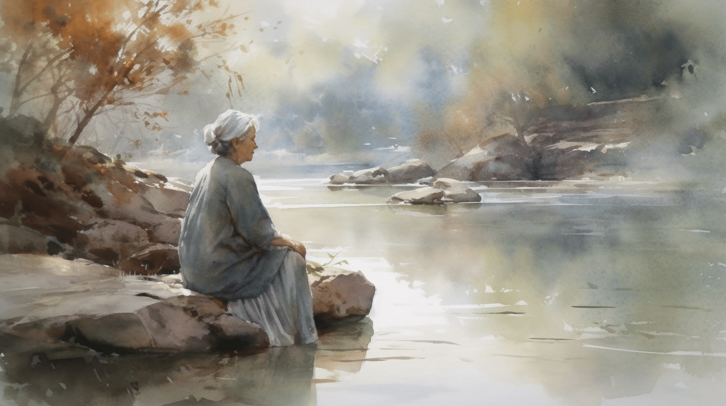 a woman siting by the bank of a river