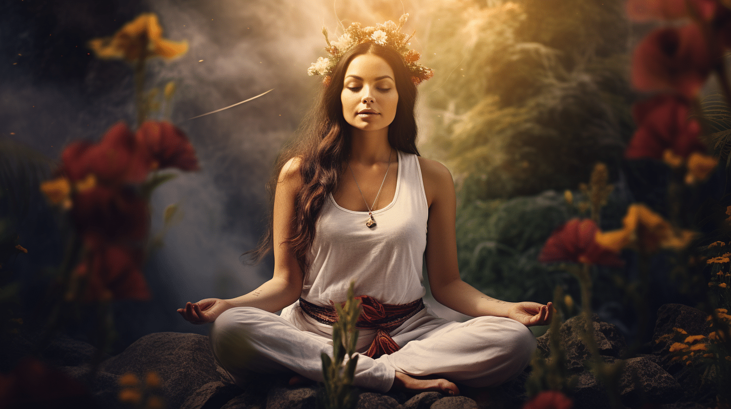 A woman siting in the lotus position meditating
