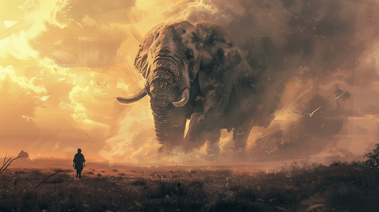 A man facing an Elephant surrounded by a cloud of dust