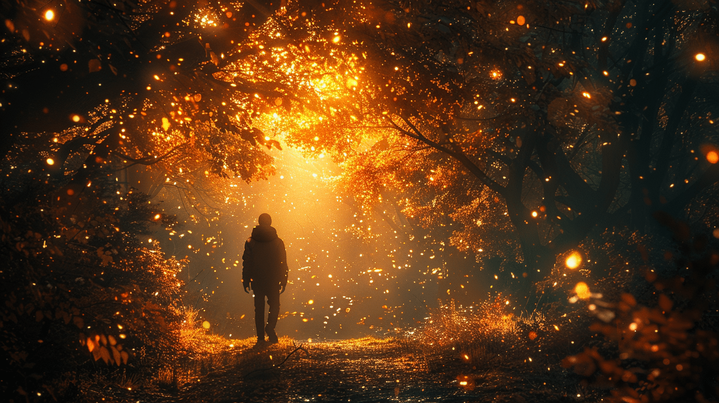 A man walking through a forest at dawn