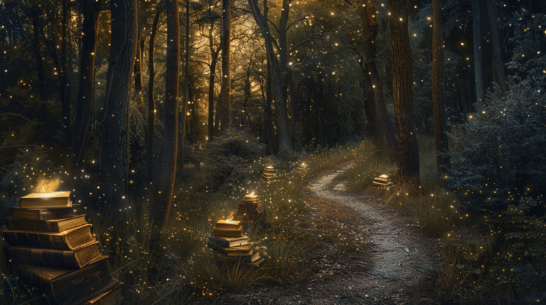 a serene, mystical forest at twilight with a winding path leading through it, scattered ancient books along the path symbolizing knowledge and learning, a subtle glow emanating from the books, and shadowy figures in the background representing hidden truths and caution, all under a starry sky that hints at new beginnings.