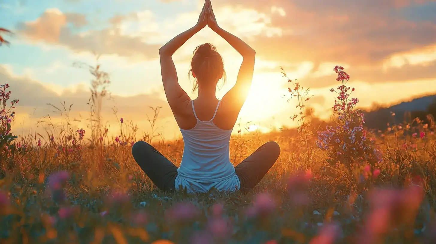 a woman sitting in a field with her hands together